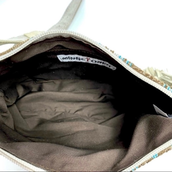 MINNETONKA Baja Western Jacquard Boho chic Suede Fringe Crossbody Bag Ivory Blue - Picture 8 of 12